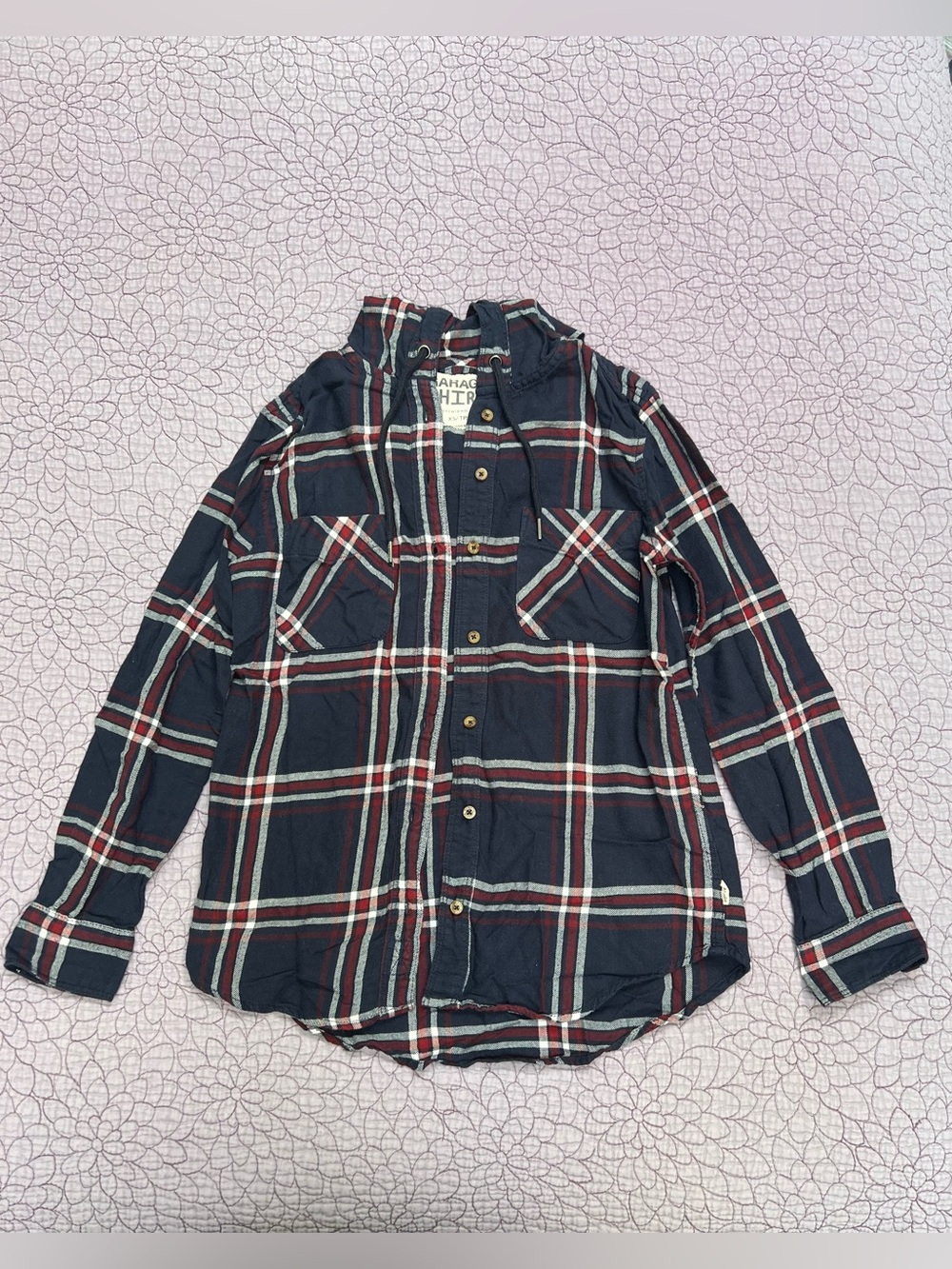 Garage Navy Plaid Button-Down Flannel Shirt with Red & White Stripes